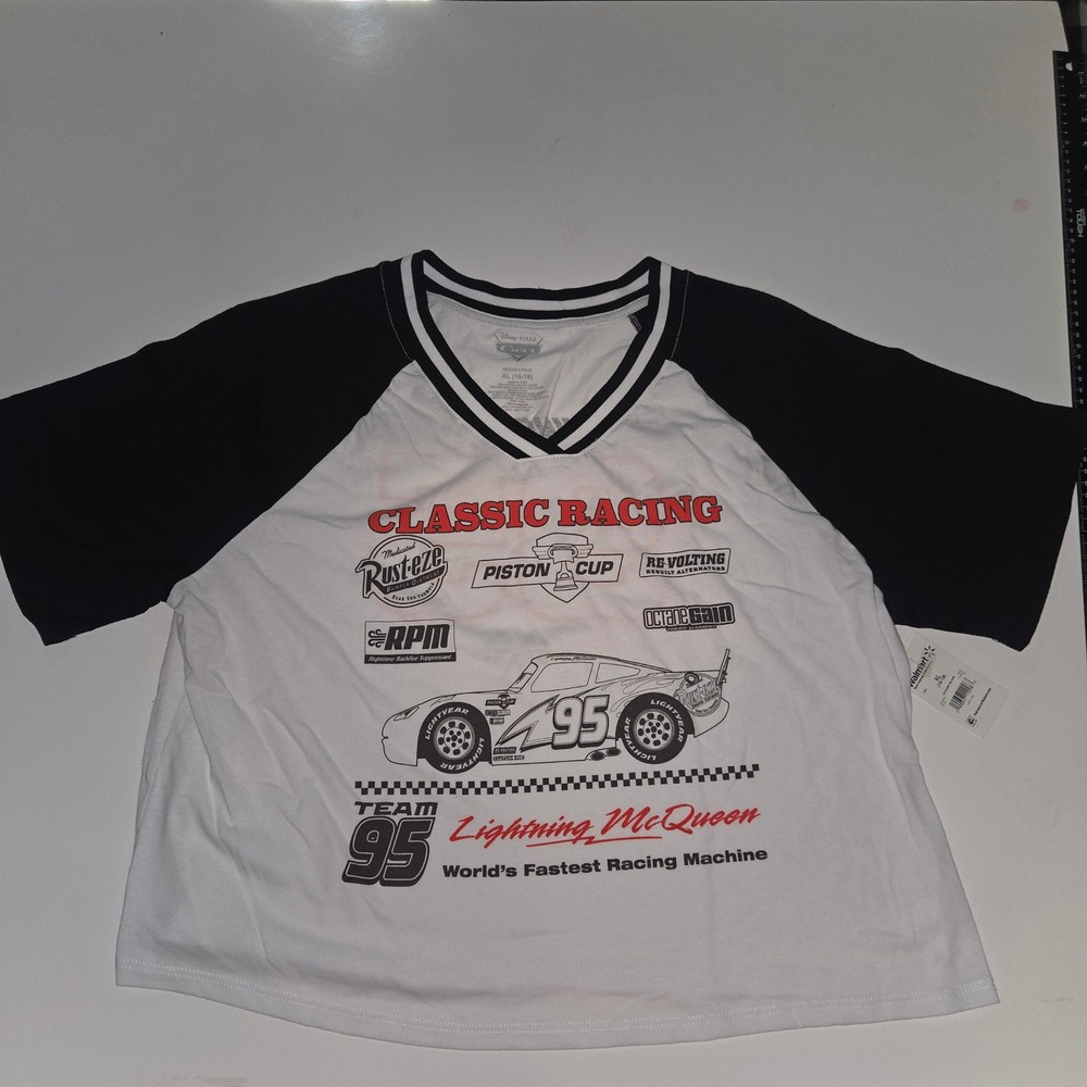 Disney Pixar Cars Lightning McQueen Graphic Jersey Tee XL 16-18 White Black NWT